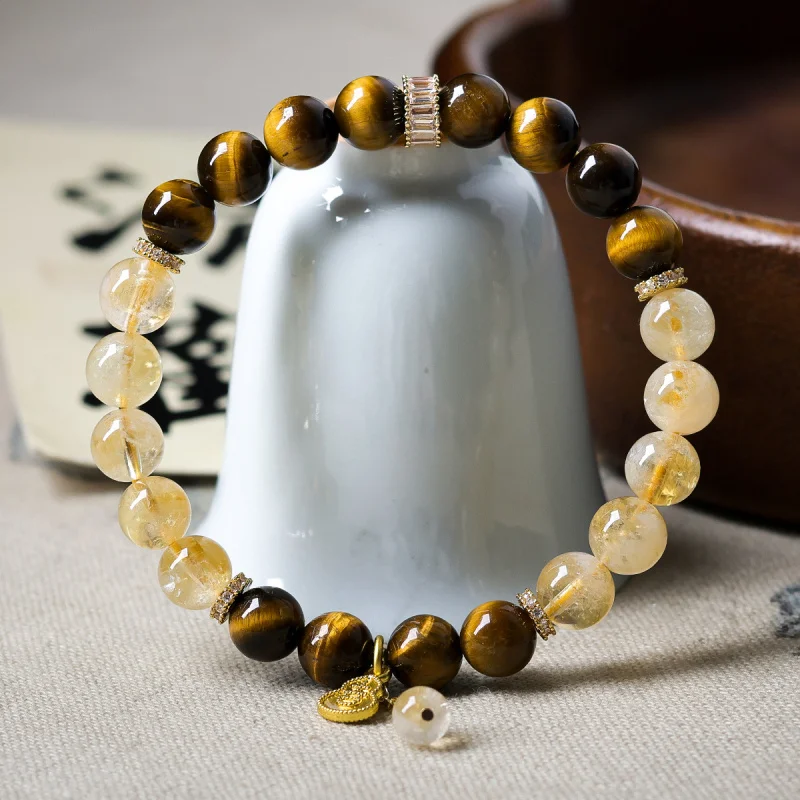 Natural tiger eye stone paired with yellow pyramidal crystal bracelet, new Chinese-style cultural accessory
