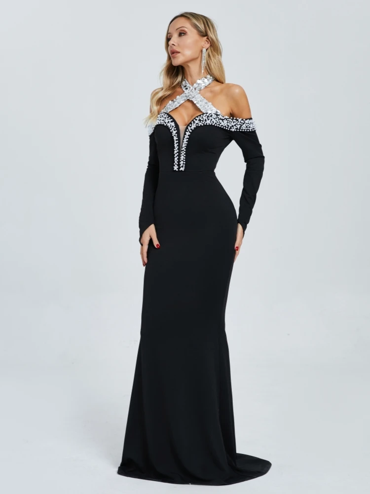 Sexy Neckholder Pailletten Perlen Maxikleid Frauen Schwarz Schulterfrei Langarm Perlen Schlanke Lange Kleider Abend Promi Party