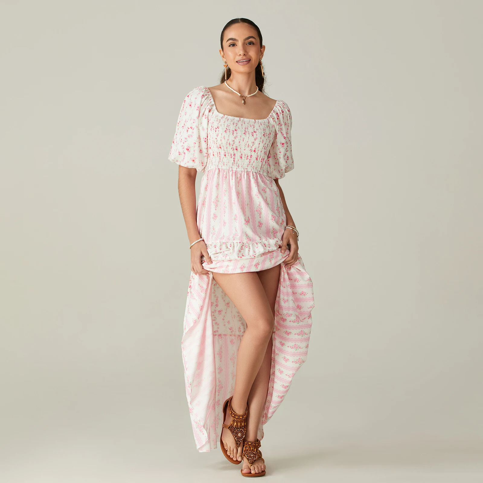 ผู้หญิงฤดูร้อนชุดยาวพิมพ์ลายดอกไม้สแควร์คอแขนสั้นแฟชั่น Casual Bohemian Holiday Beach Dresses