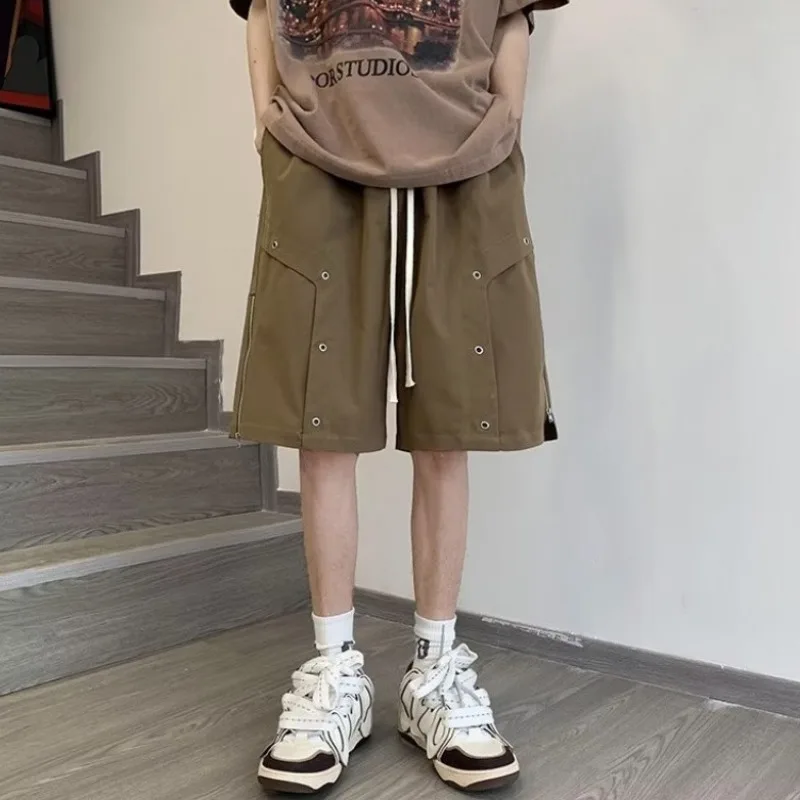 Pantaloncini Cargo retrò americani da uomo estate nuova cerniera con coulisse tinta unita pantaloni al ginocchio versatili pantaloncini High Street