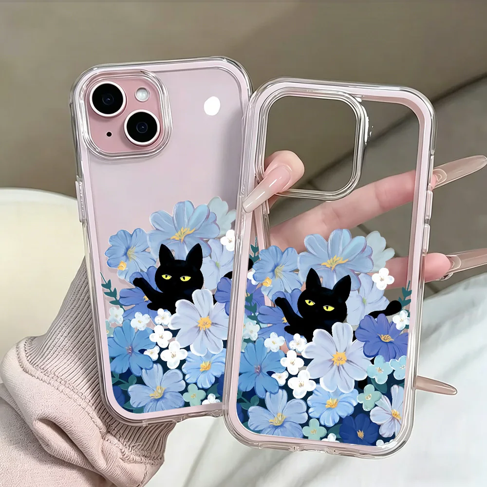 Blaue Blume Schwarze Katze Transparente Handyhülle für iPhone 17 13 16 15 11 12 14 Pro Max 17 Air XR X Hülle Silikon Weiche Stoßfeste Abdeckung – Detail 6