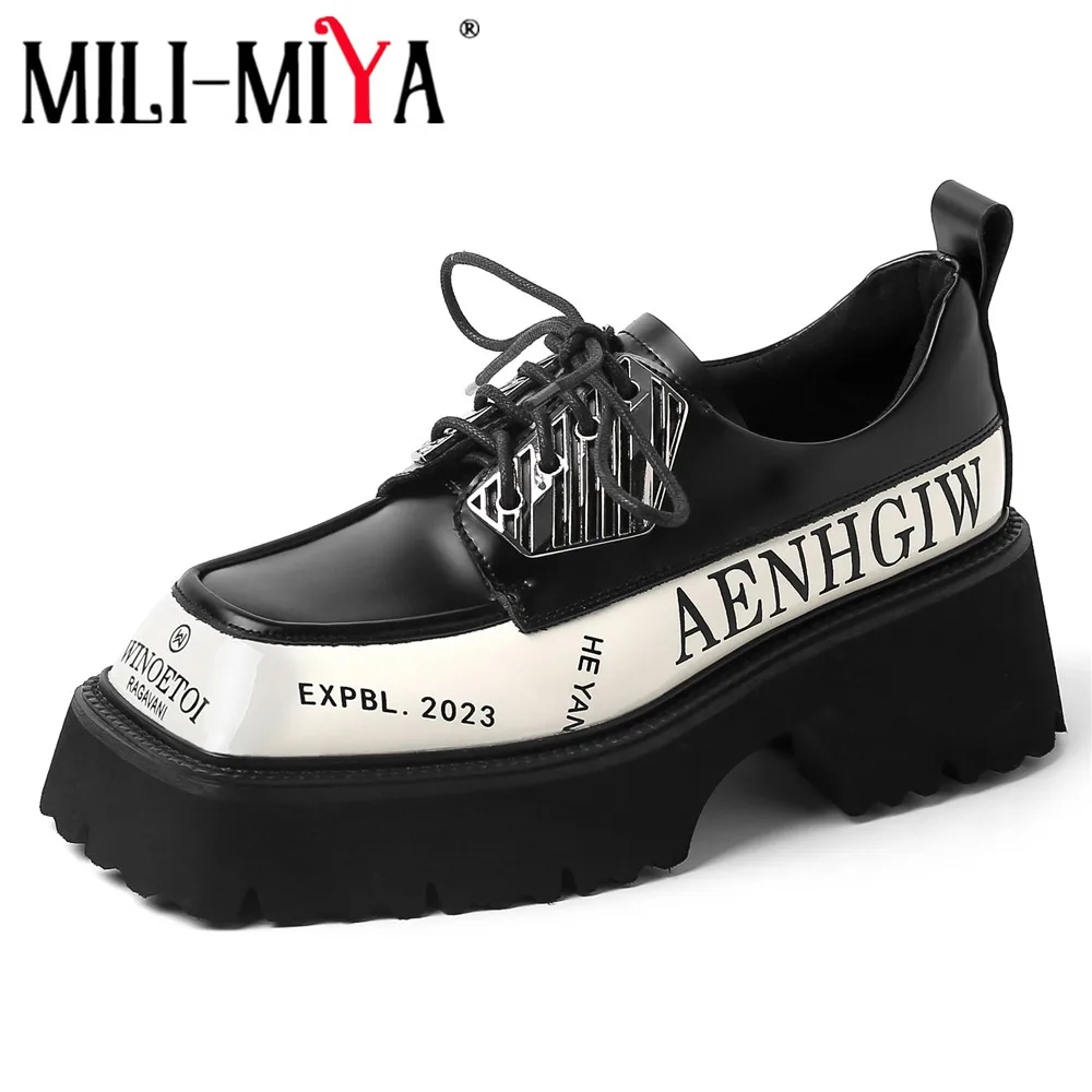 MILI-MIYA New Arrival Brand Style Women Full Genuine Leather Pumps Square Toe Lace Up Thick Heels Mixed Color Handmade For Lady