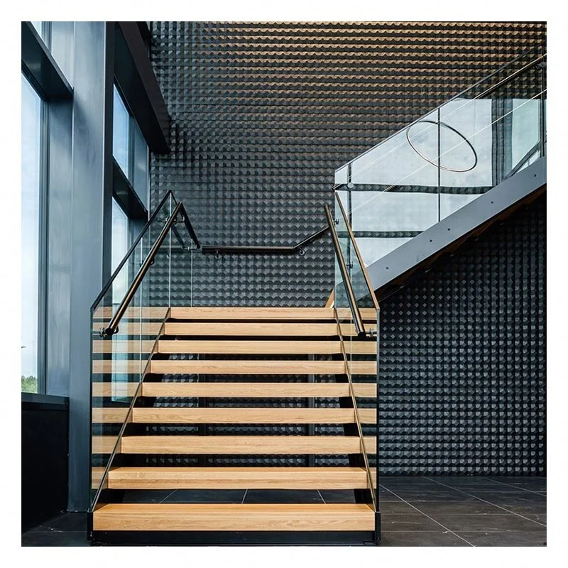 التخصيص Alucasa التصميم الحديث الداخلي مستقيم خشبي العائمة درج فقي خطوات الزجاج المقسى الدرج #5