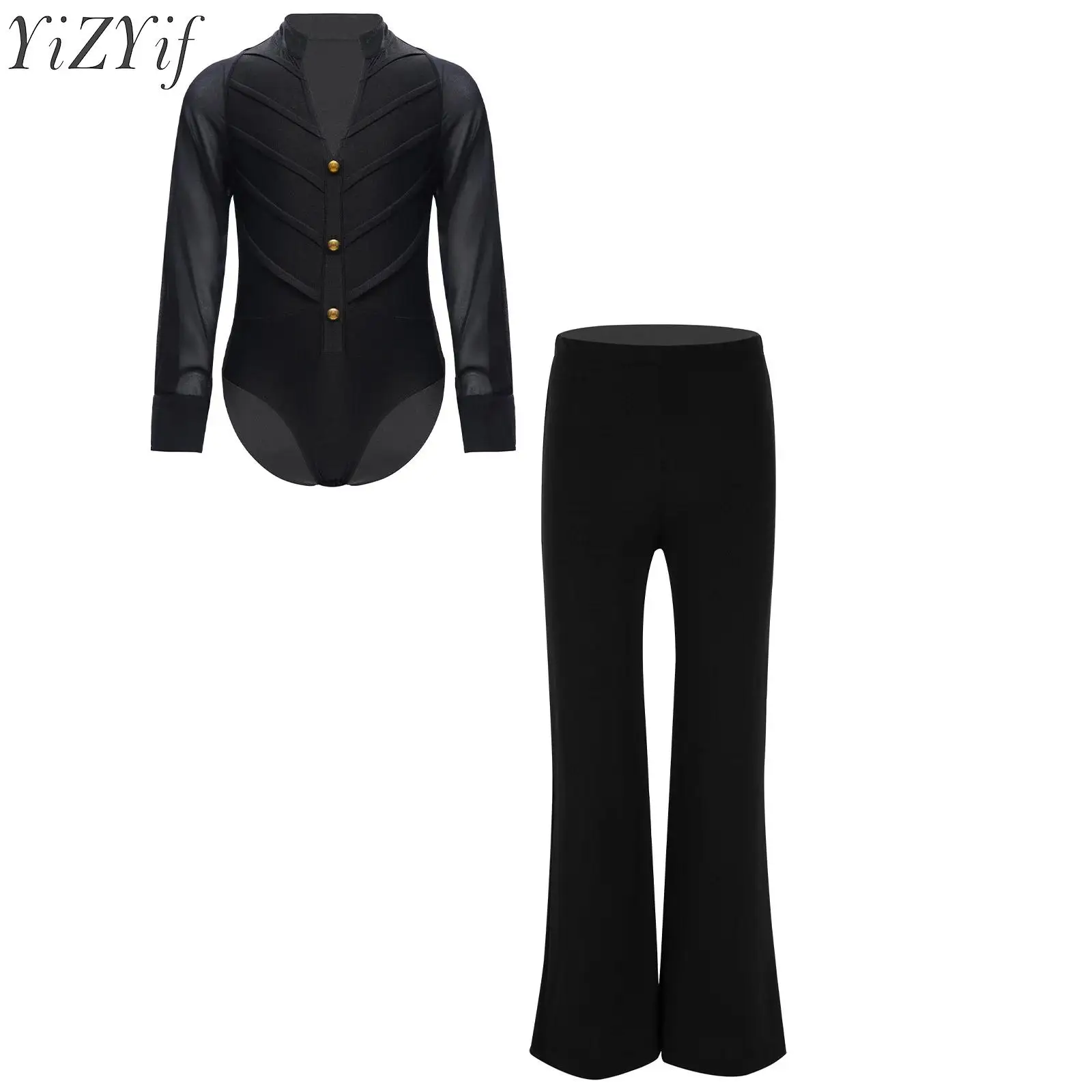 

Kids Boys Latin Jazz Dance Sets Ballroom Costume Long Sleeve Leotard with Pants Tango Outfits for Stage Performance Competition