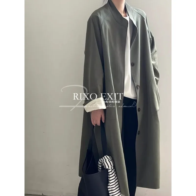 

Stand Neck Long Trench Coat Women Spring Casual Turn-down Collar Single-breasted Trench Coat