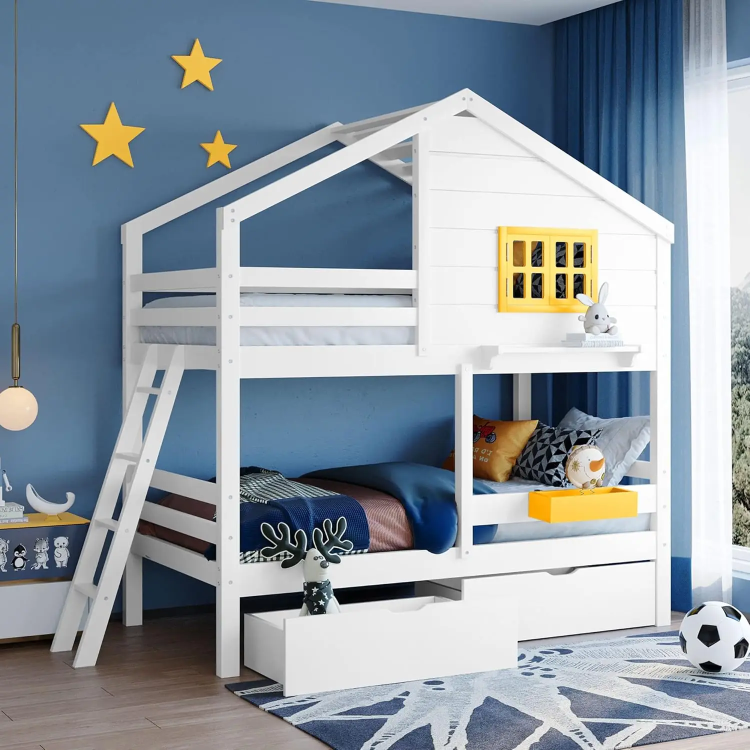 

Twin Over Twin House Bunk Bed With 2 Drawers, 1 Storage Box, 1 Shelf, Window And Roof, Wooden Bunk Bed Frame - White