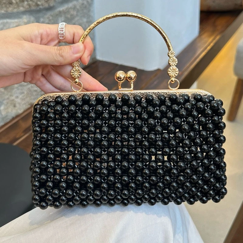 

Fashion Handmade Black Acrylic Beaded Handbag Retro Women Evening Bag Hollow Out Design Clutch Purse Wedding Party Purse Handbag