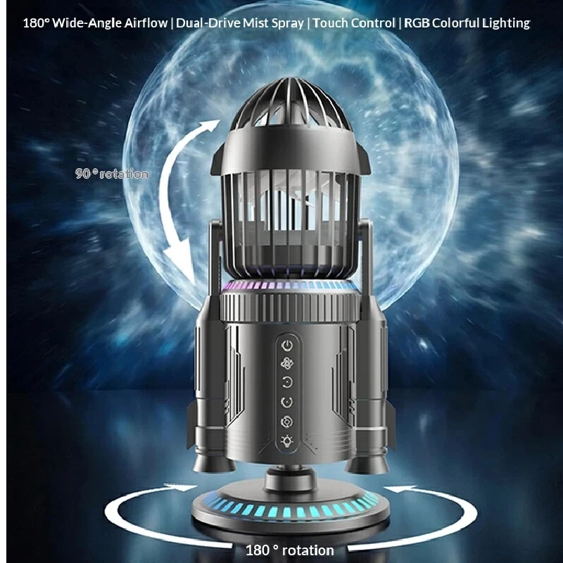 Itop Rocket Creative Desktop Fan 25db Low Noise Usb Rechargeable Strong Wind Dual Drive Mist Spray Rgb Oscillating Office Gift