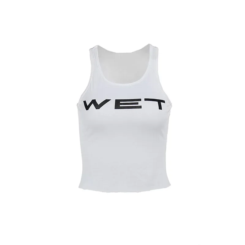 WET プリント ホワイト タンクトップ PixieKiki ウェットレタープリント白クロップトップシャツ Y2k