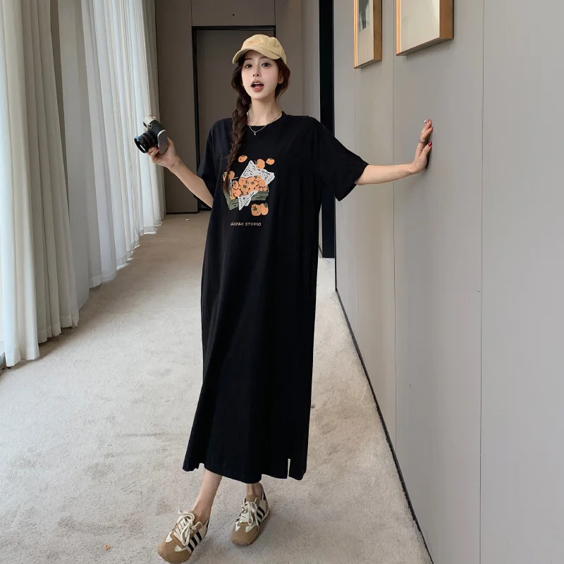 Abito t-shirt a maniche corte stile coreano casual allentato Abito lungo estivo da donna Abito longuette alla caviglia con scollo tondo e spacco allentato