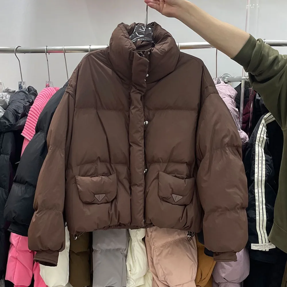 Doudoune courte chaude en duvet de canard blanc pour femme, manteau à pain épais à col montant, nouveau Style, automne hiver 2025