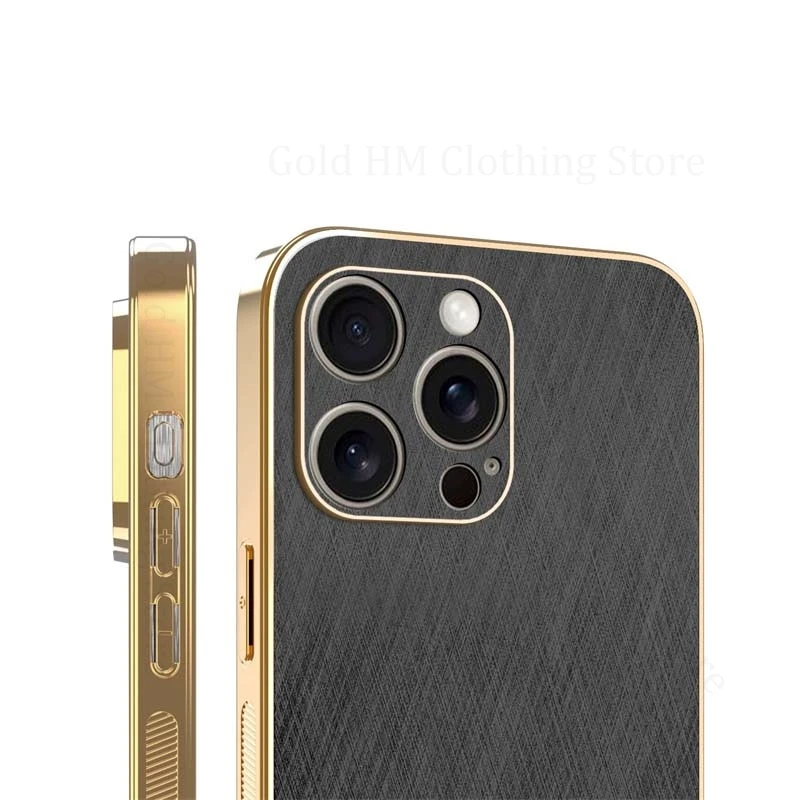 6D Plating Gold Silk Leather Texture Phone Case For iPhone 16e SE 4 Tough Electroplated Cover For Apple 16 15 Pro Max 13 14 Pro