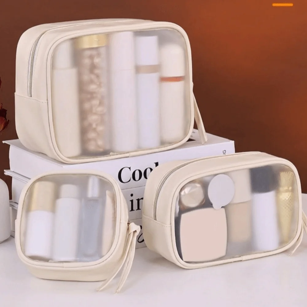 Casual Frosted Transparent Cosmetic Bag Zipper PU Toiletry Organizer Beige Large Capacity Wash Pouch Swimming