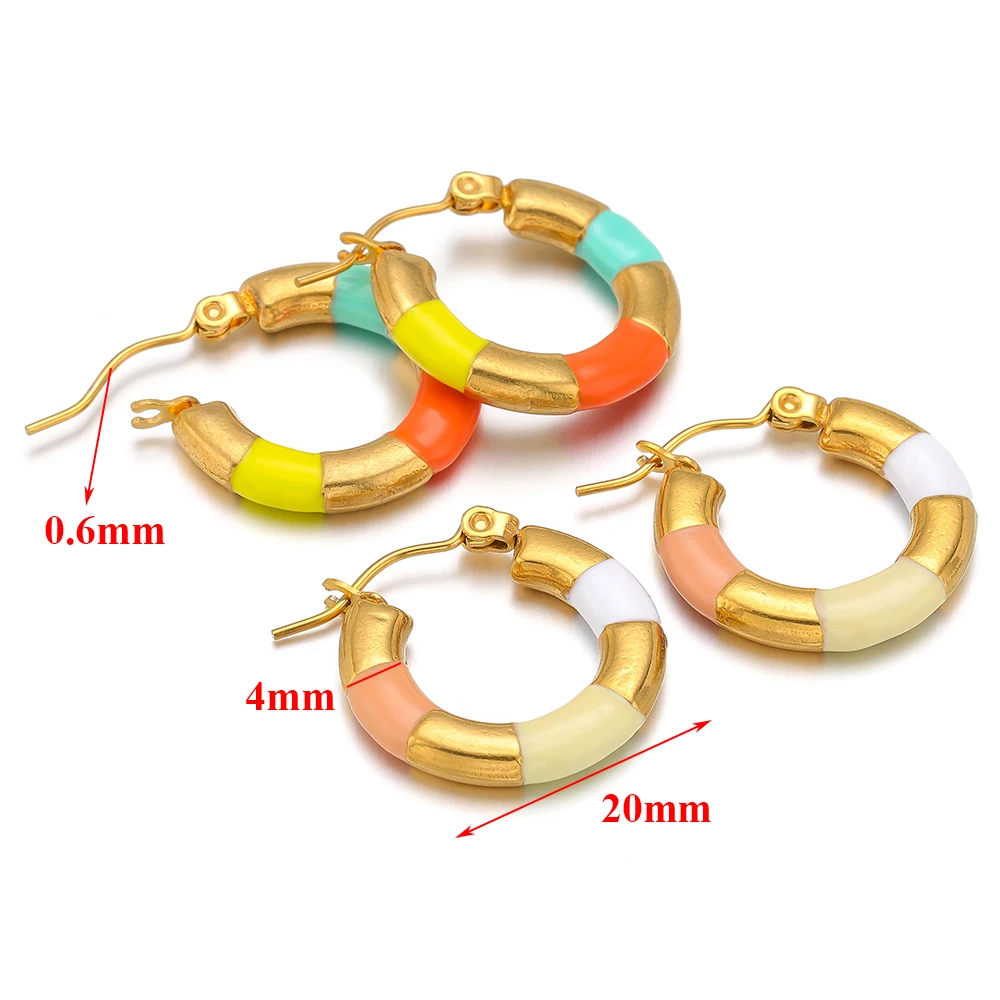 1 Pair Stainless Steel 20mm Enamel Ear Needle Round Circle Hoop Earrings for Fashion Jewelry Women Birthday Gifts Wholesale