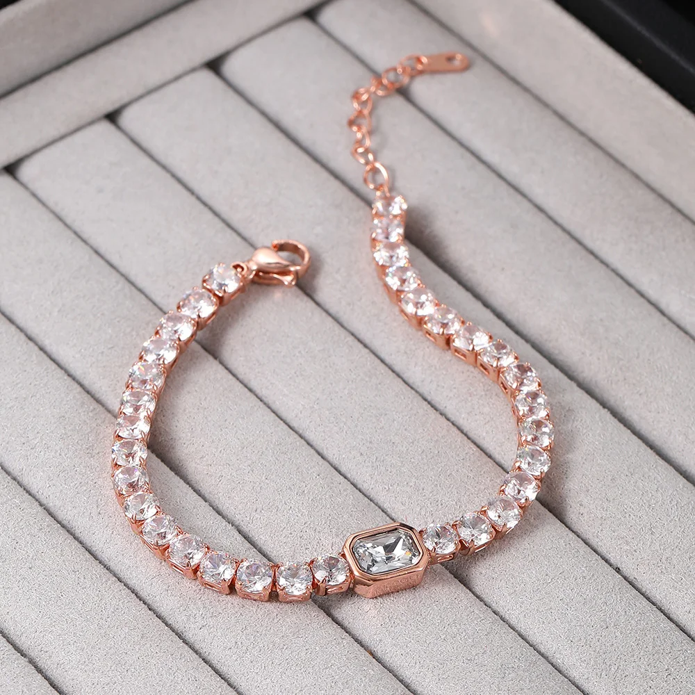 Korean Fashion Tennis Bracelet Women Simple Iced Out Multicolor Zircon Rose Gold Color Bangle Hand Jewlery Friend Gift KCH032