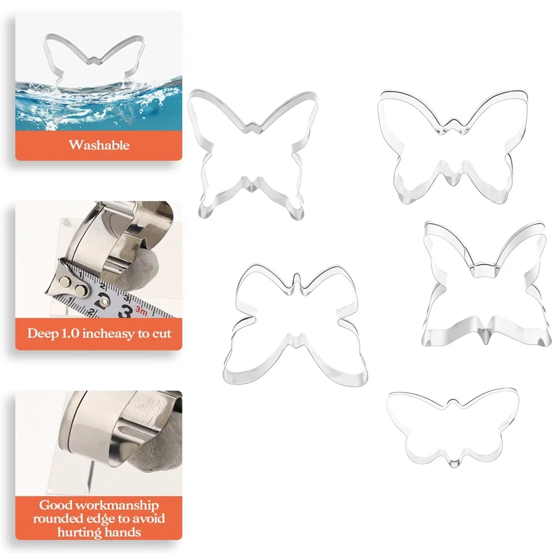 Stainless Steel Biscuit Mold Set,Butterfly Cookie Cutter Kit,DIY Cake Decoration Tool,Chocolate Pastry Baking Snacks Mold, 5Pcs