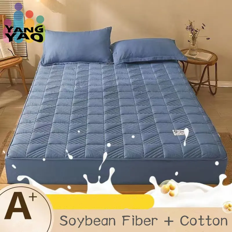 

High Quality Soy Fibre Quilted Thicken Mattress Cover 100% Cotton Bed Cover bed Topper Fitted Sheet Not Including Pillowcase