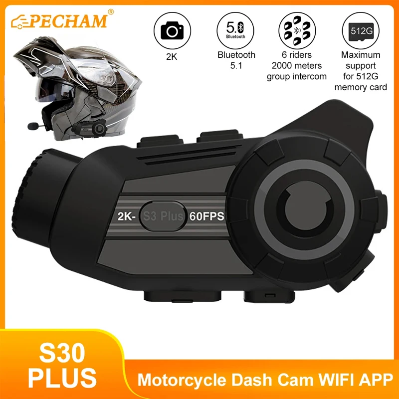 5.1 Bluetooth Motorcycle Helmet Camera Wireless Headset 2K Motorcycle DVR Intercom 6 Rider Waterproof Universal Noise Reduction