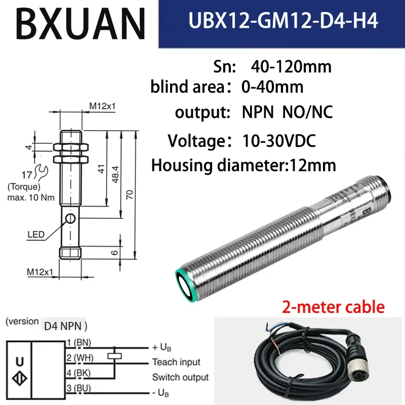 M12 Ultrasonic Proximity Switch Sensor Analog 4-20mA/0-10V Output 24V Ultrasonic Distance Sensing Switch