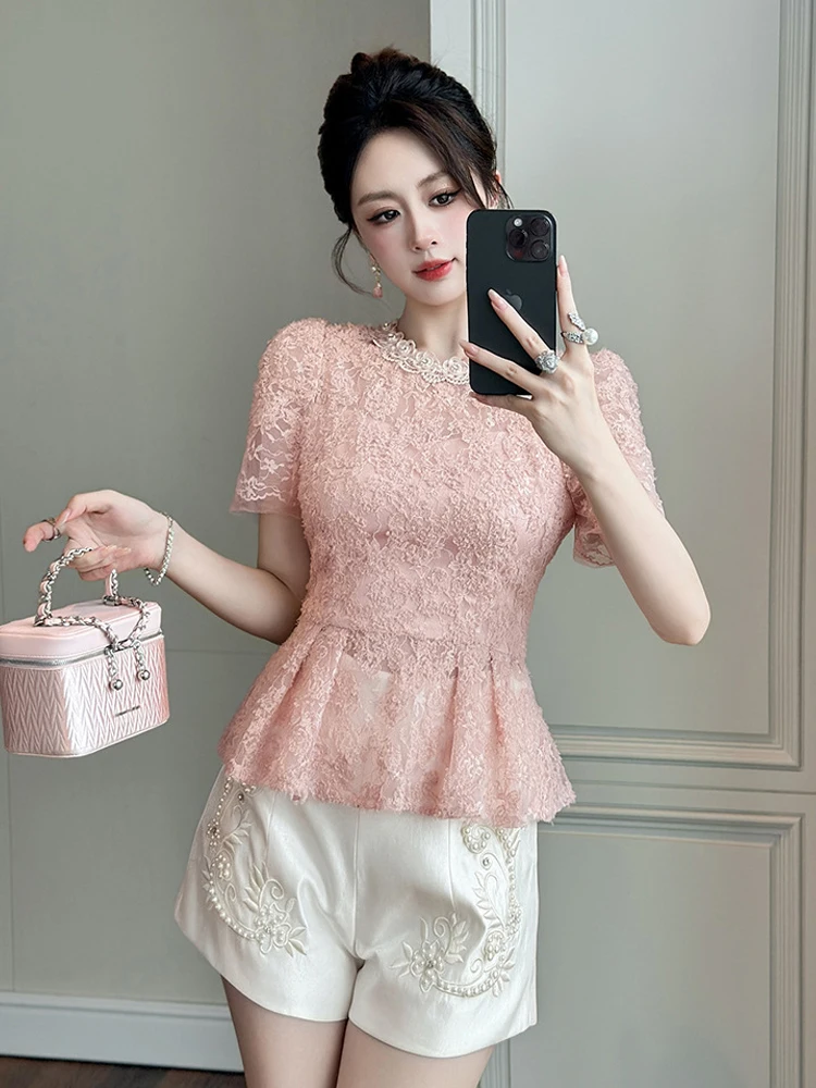 

Summer Women's Party Slim Ruffle T-Shirt Sweet Pink Lace Tops O-Neck Embroidery Floral Blouse Trend Fashion Mujer Clothes Casual