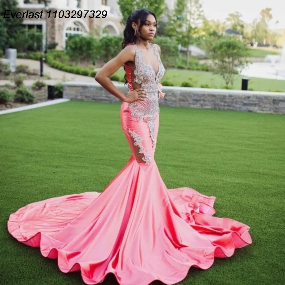 EVLAST Customized Pink Mermaid Long Prom Dress Luxury Silver Beaded For Black Girls Birthday Formal Party Gala Gowns TPD69