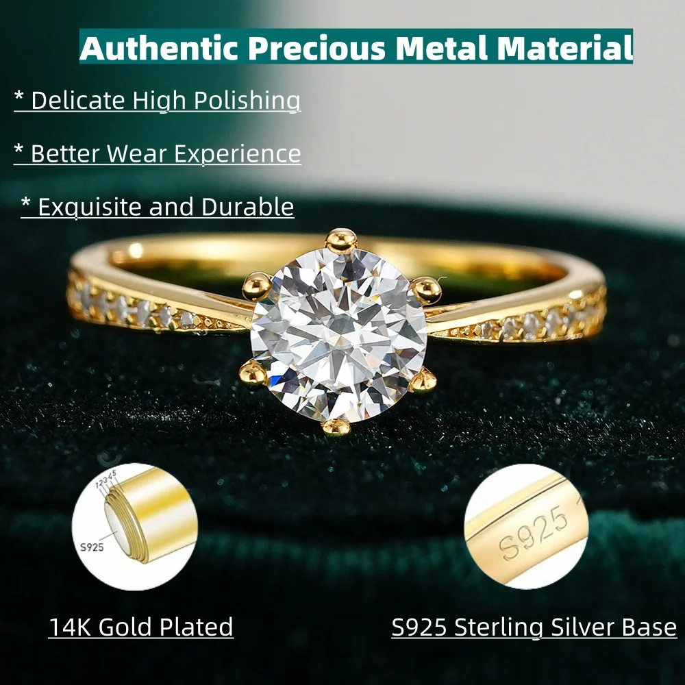 خواتم خطوبة مويسانيتي للنساء، خواتم وعد من الفضة الإسترليني عيار 925 مع مطلية بالذهب الأصفر عيار 14 قيراط، لون D VVS1 خاتم زفاف