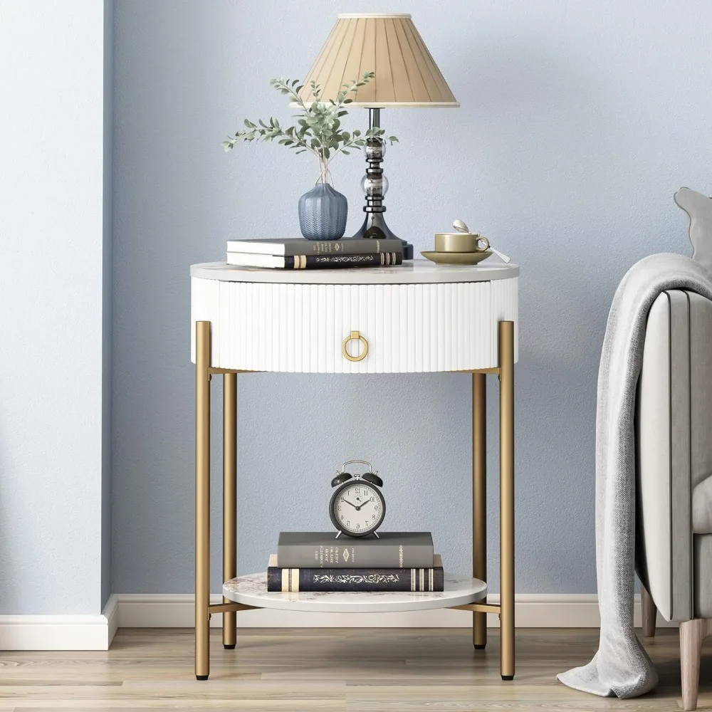 

Modern End Table with Storage Drawer, Round 2-Tier Nightstand with Shelf, Gold Side Table with Metal Legs for Bedroom