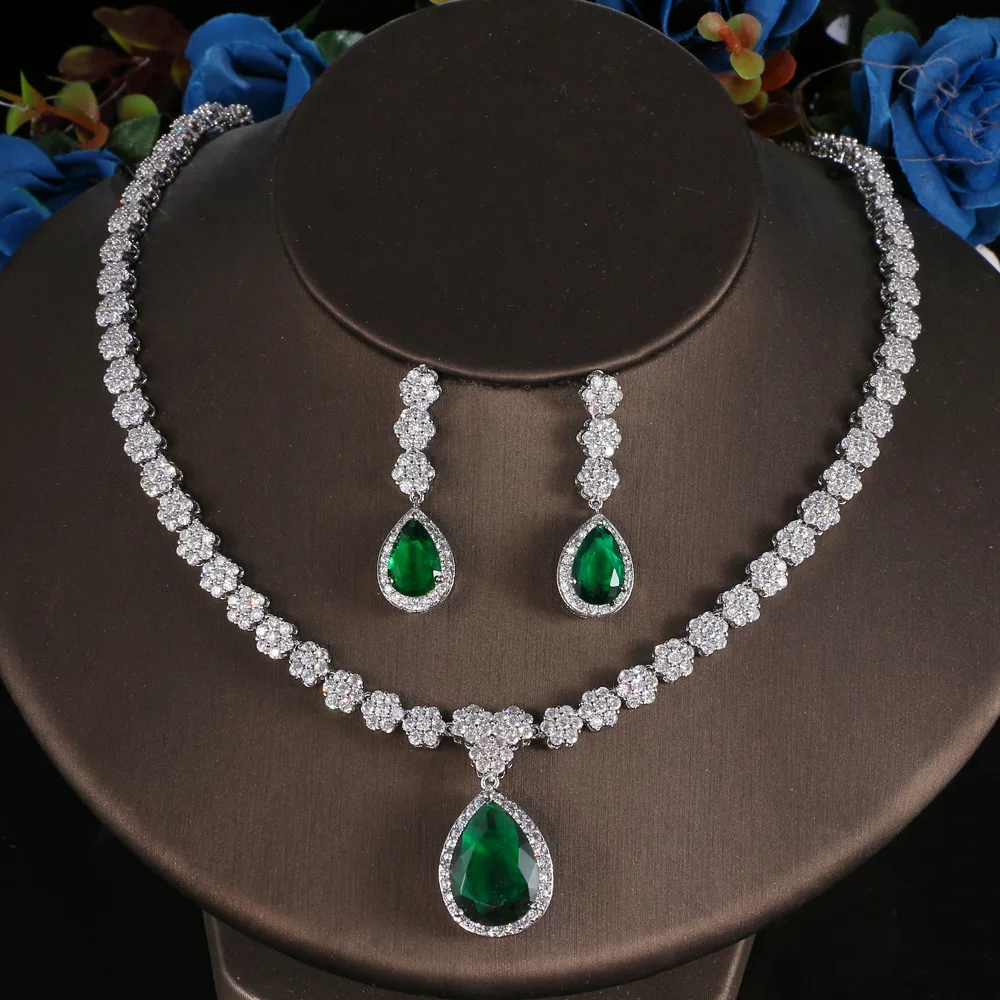 Luxury Emerald Green Necklace and Earring Set Shininy Cubic Zirconia Jewelry Set for Women Bridal Jewelry Set Gift Envio Gratis