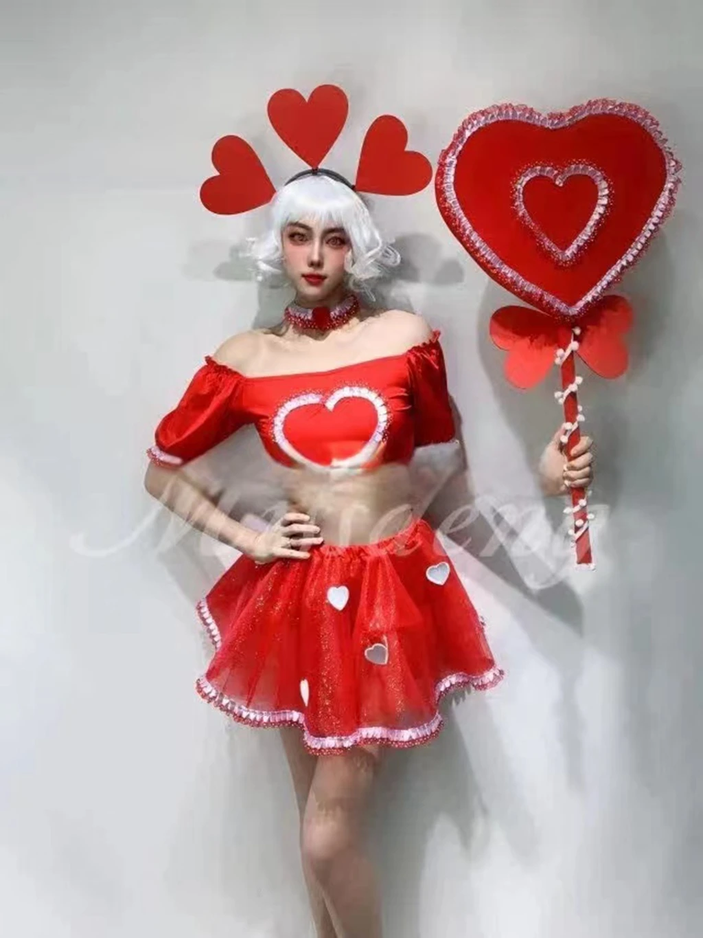 

Bar Valentine's Day Party GOGO Red Heart Lollipop Tiara Split Skirt DS Lead Dance Costume Nightclub Singer Prom Stage Clothing