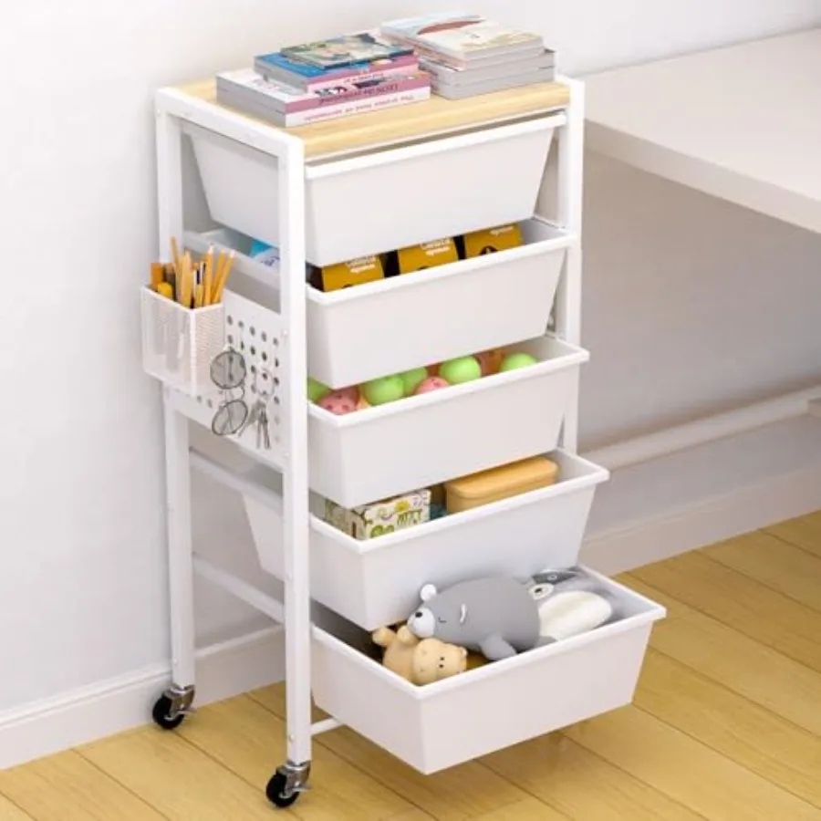

Rolling Cart with Drawers Rolling Storage Cart with 5 Large Plastic Drawers and Wooden Tabletop Utility Cart with Pegboards and