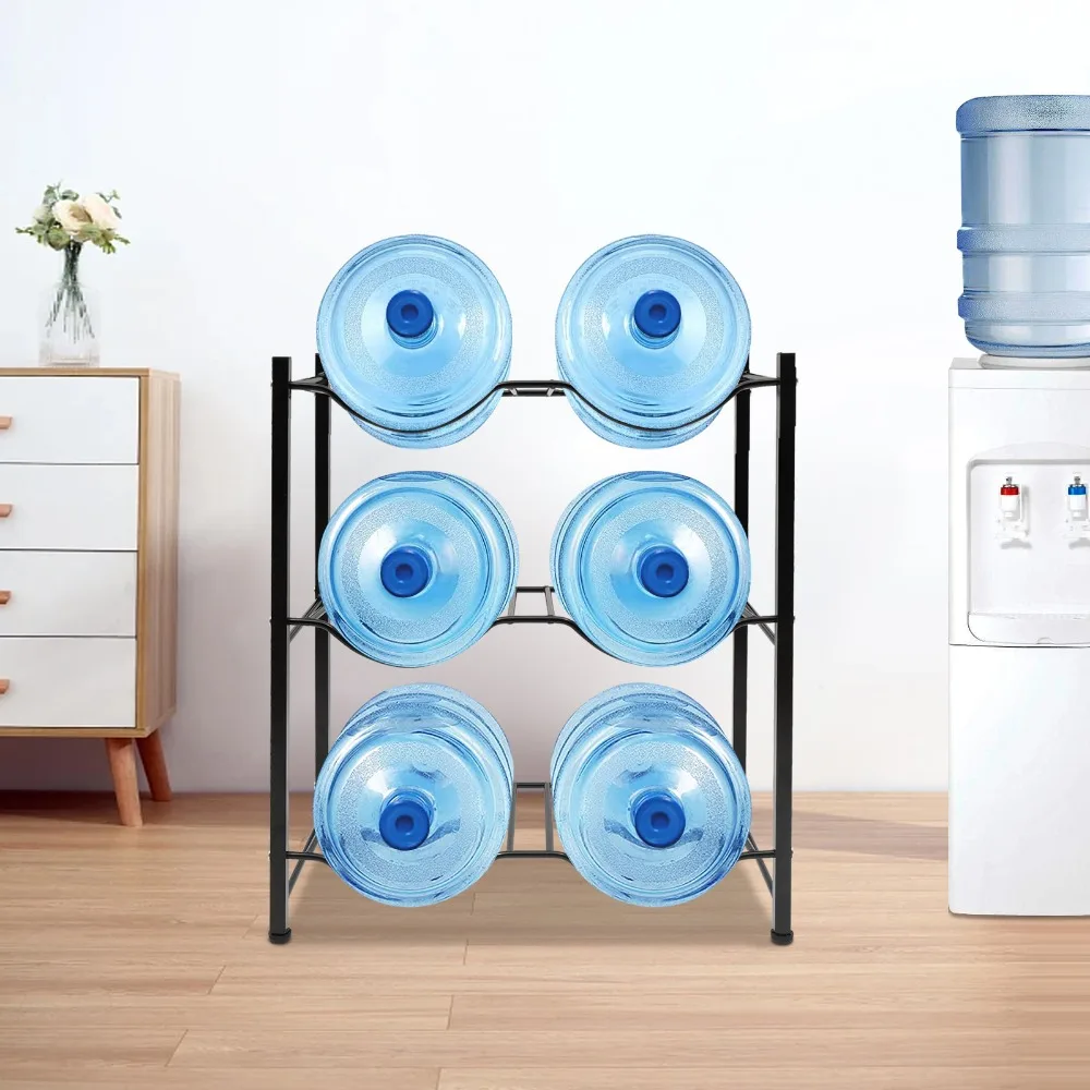 

5 Gallon Water Jug Stand 3 Tier Water Cooler Jug Rack with 6 Slots Water Bottle Holder for Kitchens Homes Offices (Black)