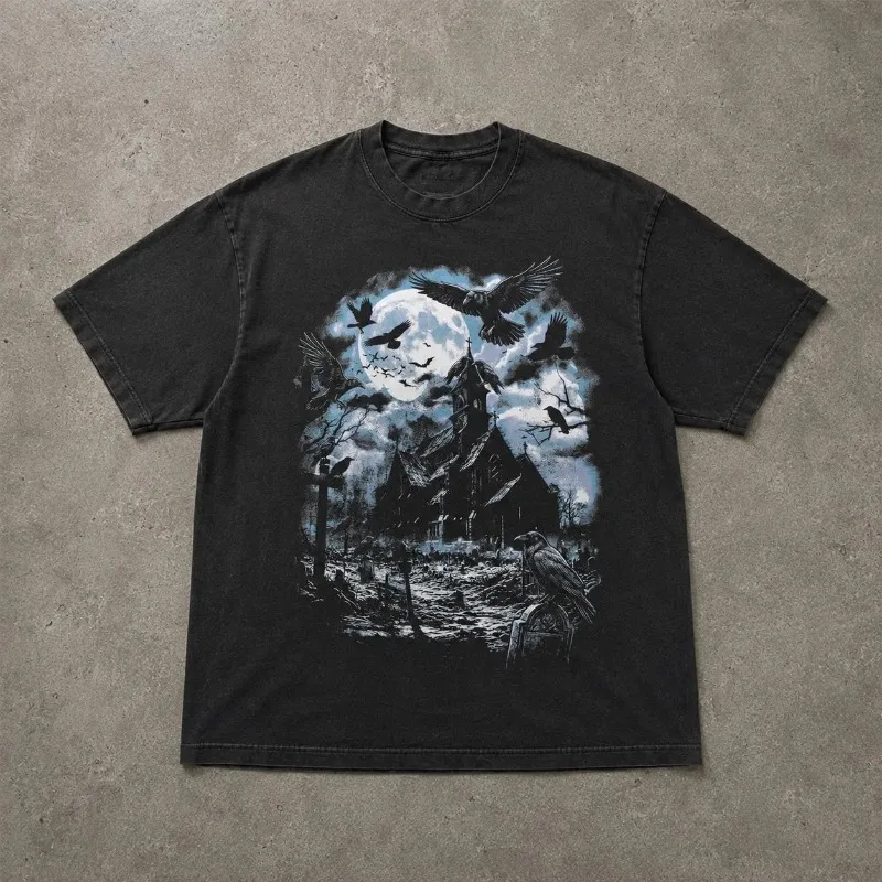 Moonlight Raven Forest T-shirt | Gothic Men's T-shirt Suitable for All Seasons, Unisex Casual Streetwear