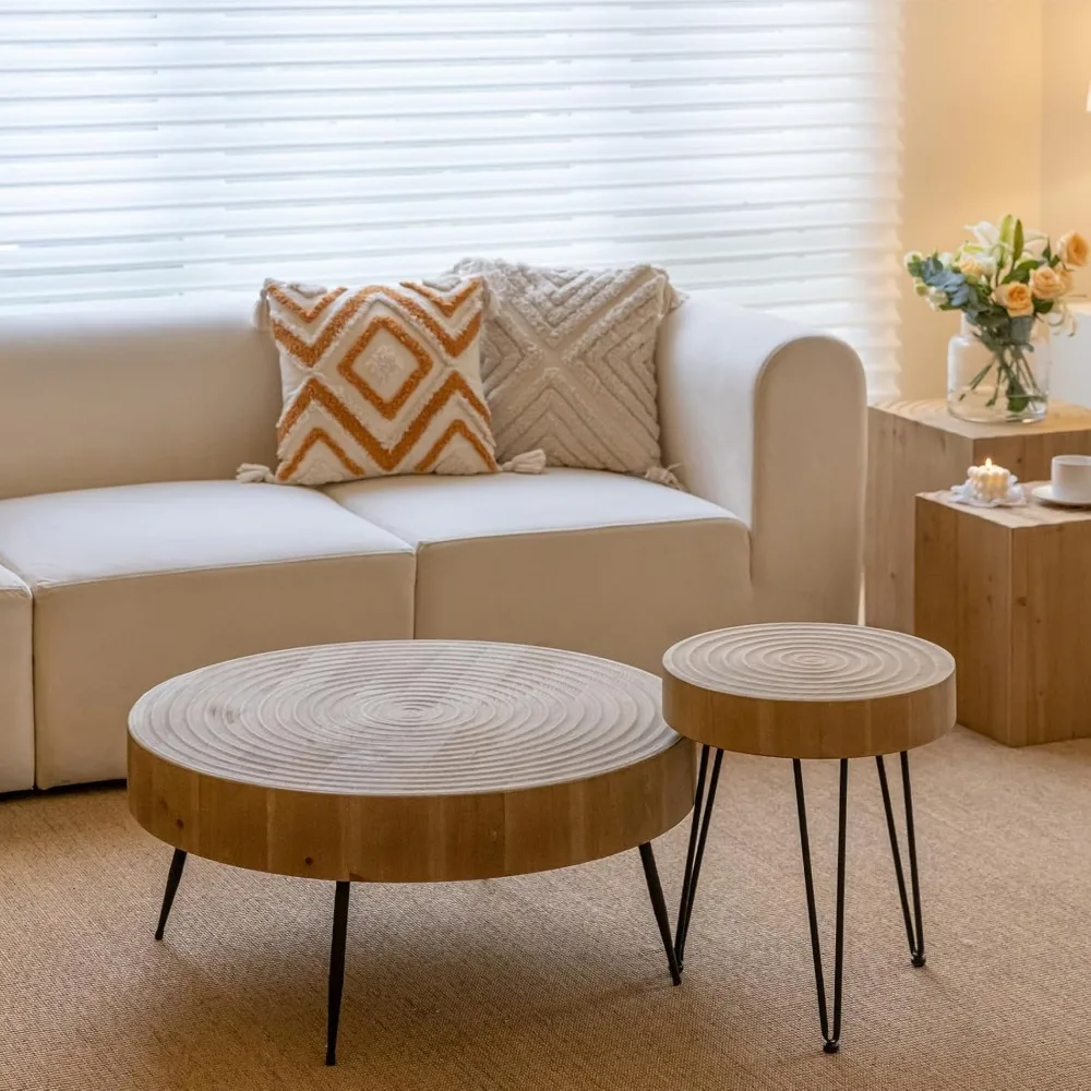 

2-piece Farmhouse Nesting Table With Handcrafted Wood Ring Motif, For Living Room,Round Natural Finish Coffee Table Set