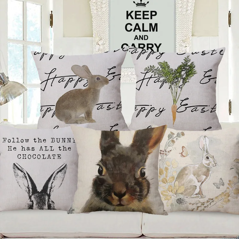 Happy Easter Cushion Covers Brown Bunny Carrot Wreath Print Decorative Sofa Throw Pillow Case