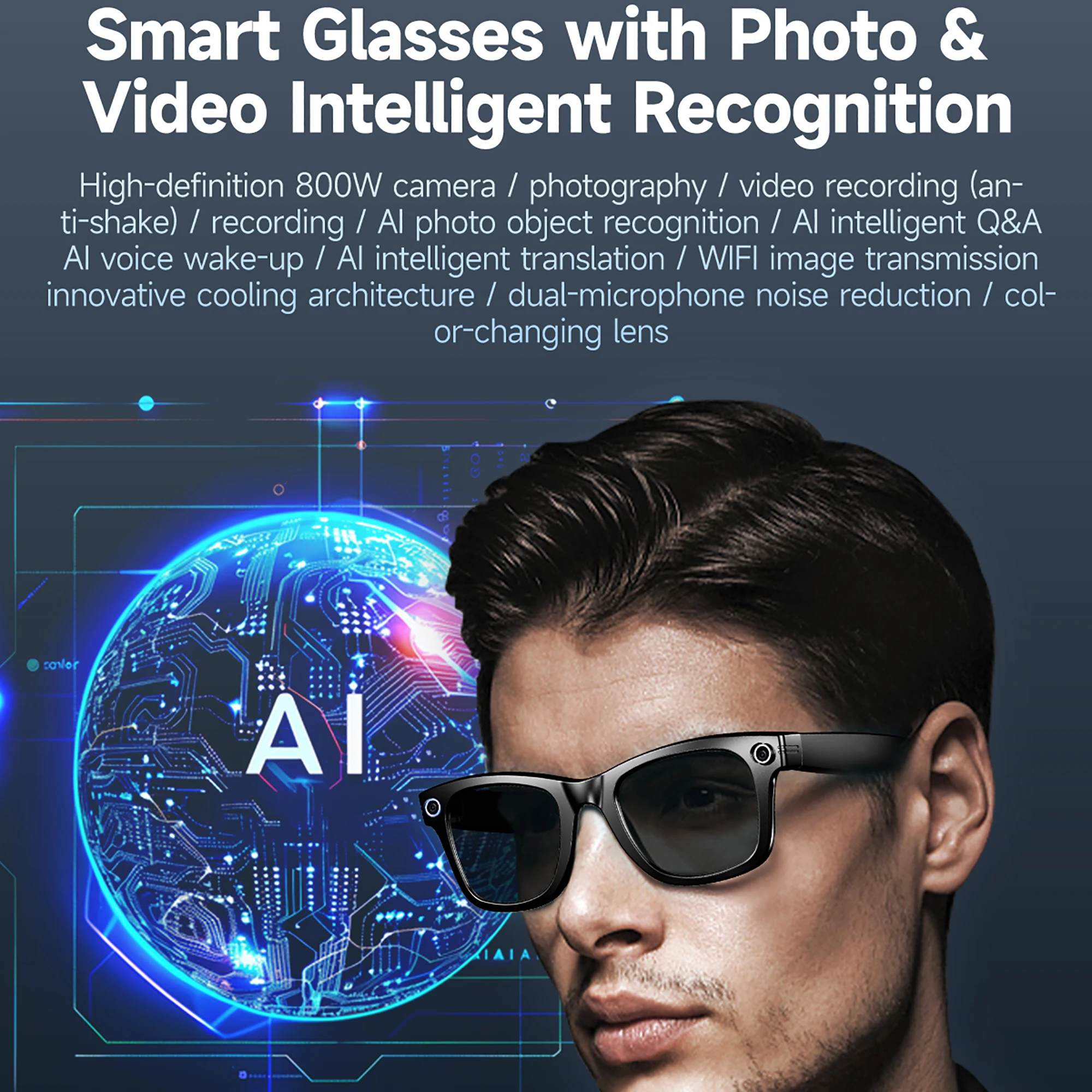 2025 New HD 4K Anti-shake Camera 1080P Smart Glasses AI Translation Bluetooth Call Recording Voice Assistant IP65 Waterproof