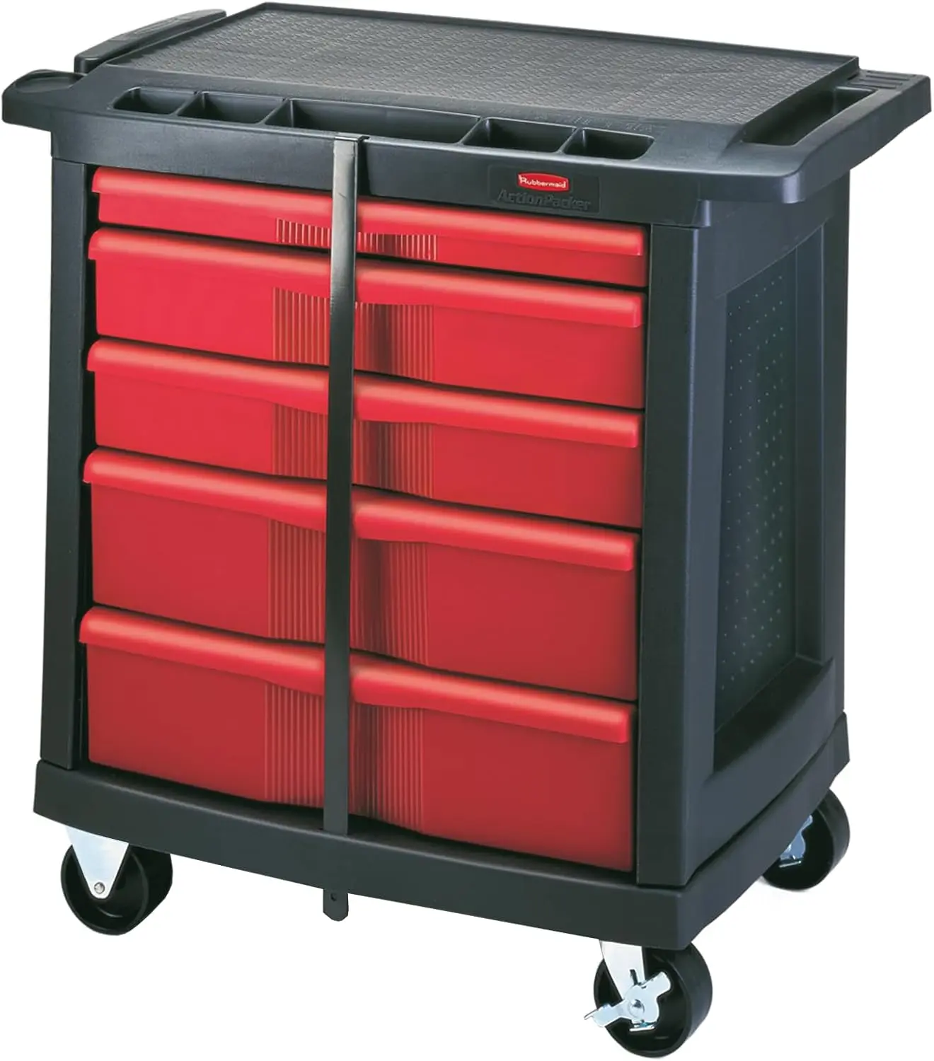 Rubbermaid Commercial Products Mobile Tool Work Center, 5 ลิ้นชัก, ความจุ 250 ปอนด์, สีดํา, สําหรับคลังสินค้า/โรงรถ/ทําความสะอาด/บํารุงรักษา