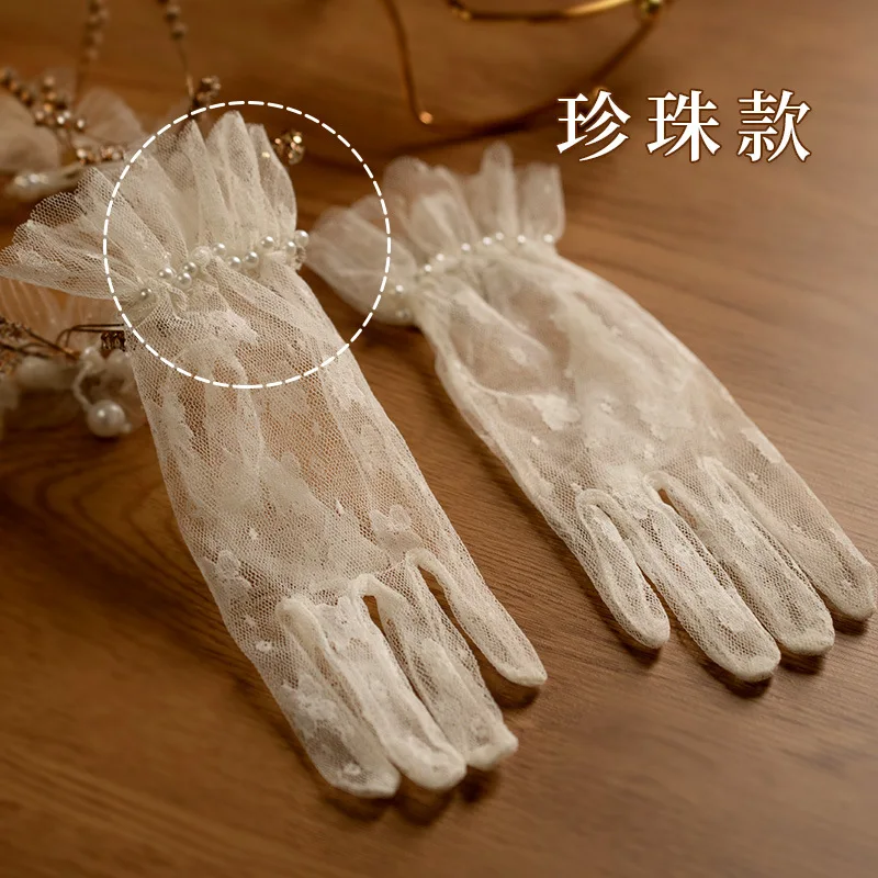 Gloves Vintage Lace Bow Short Tulle Pearl Bridal Elegant for Wedding Photo Shoot Formal Dress Premium Quality Accessory