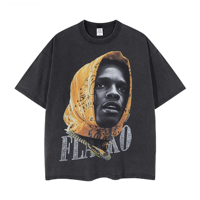 

Summer Hip Hop Men Streetwear Rapper Portrait Print Vintage Washed T Shirt Men 100% Cotton Oversized Graphics Tees Unisex Tops