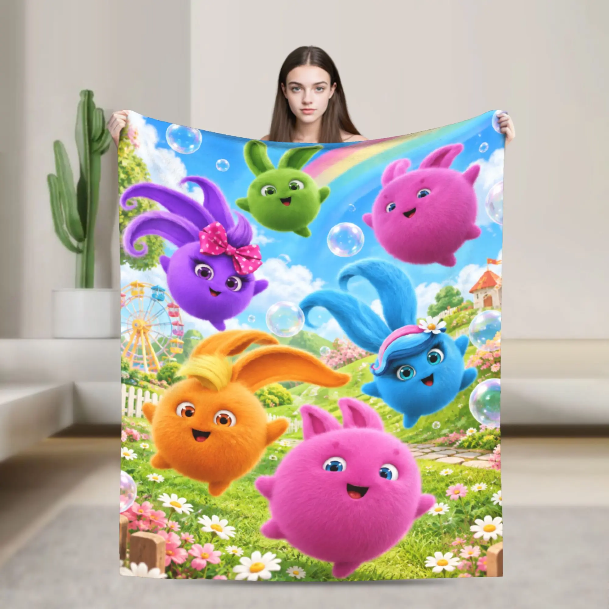 Sunny Bunnies five colourful balls Blanket  Warm Novelty Plush Throw Blanket For Children Outdoor Flannel Bedspread Bed Cover