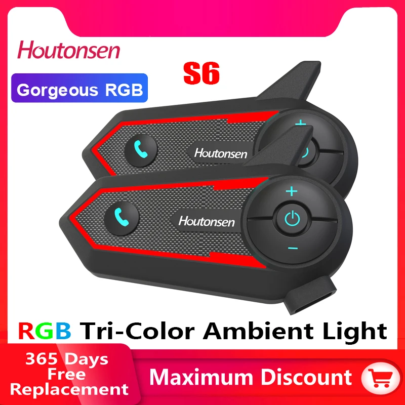 Houtonsen S6 Motorcycle Helmet Bluetooth Headset Intercom Waterproof 1000M Wireless Interphone RGB Tri-Color Ambient Light