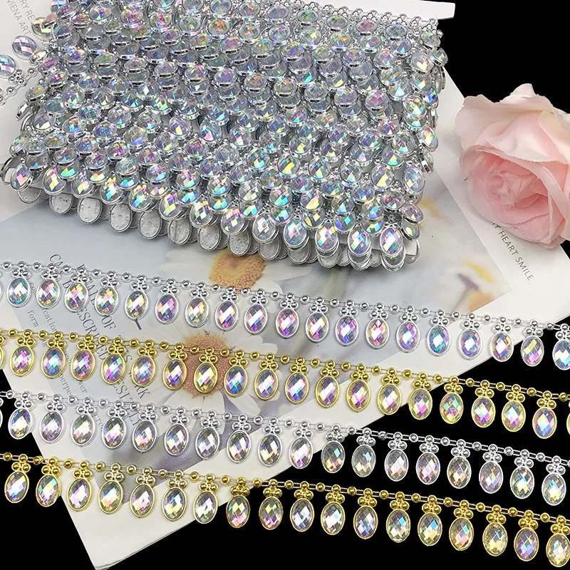 9M Ethnic Style 2.5cm Wide Gold Silver Iridescent Rhinestone Chain Lace Trim For Hand-sewing Bags Shoes Clothing Accessories