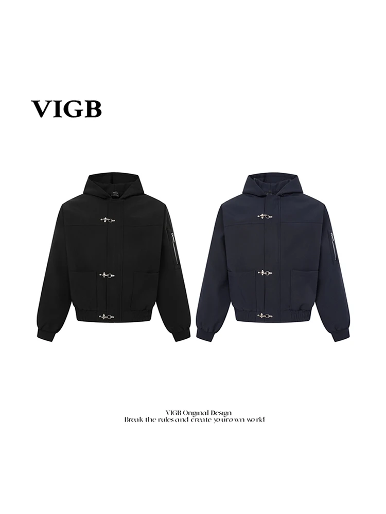 VIGB Original American Retro Heavyweight  Color Aircraft Buckle Design Open Cardigan Loose Hoodie Jacket para Homens e M...