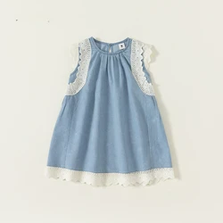 kids girl clothes sleeveless fashion cute style denim dress with lace summer dressing baby girl wear clothing