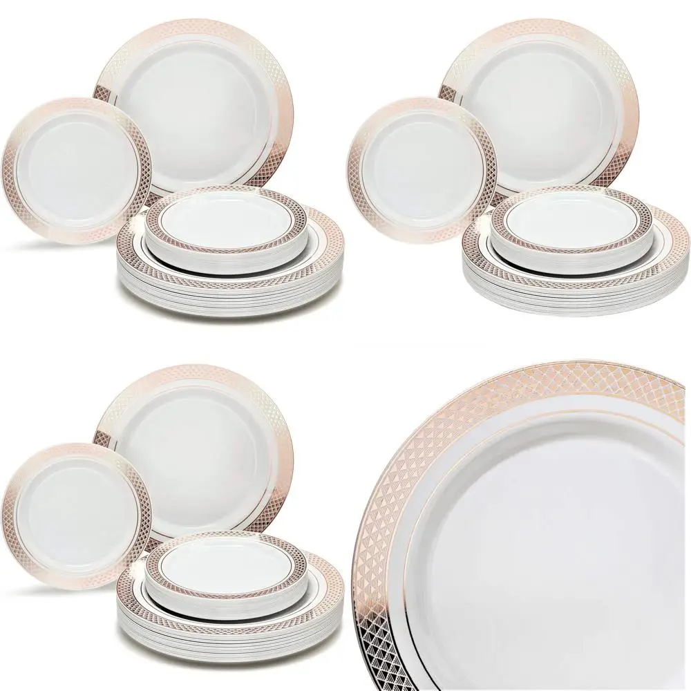 

Набор свадебных одноразовых тарелок премиум-класса из 240 предметов — 120 тарелок для ужина и 120 салатов из белого и розового золота для 120 гостей.