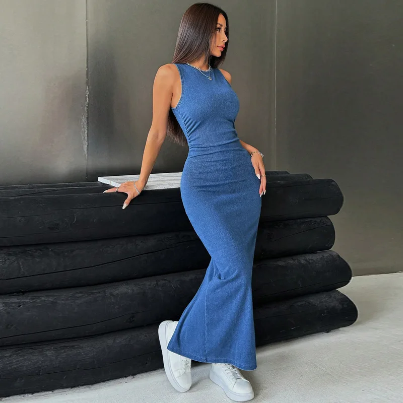 

Women O-Neck Sleeveless Bodycon Maxi Long Dresses Streetwear Denim Tank Dress Summer Clothing Casual Slim Jean Dress Vestidos
