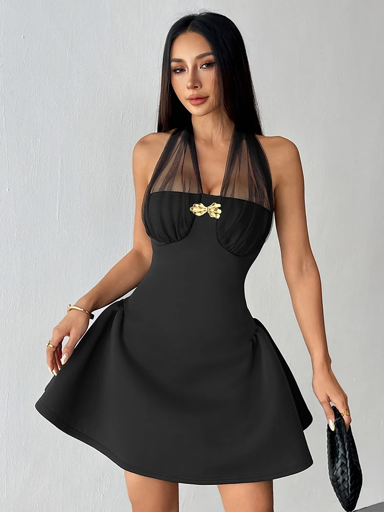 Mulheres a linha vestidos de verão streetwear moda casual magro halter vestido preto sexy sem costas ver através vestidos com decote em v roupas