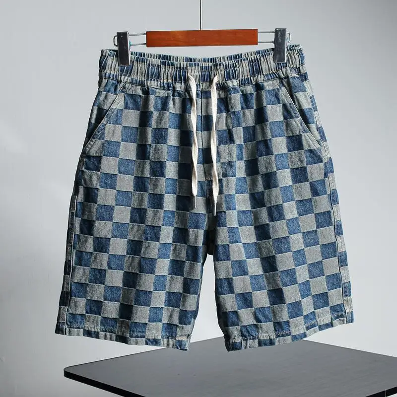 Man Denim Shorts Plaid Graphic Drawstring Short Jeans Pants For Men With Vintage Jorts Xl Harajuku Designer Trend 2024 Cut