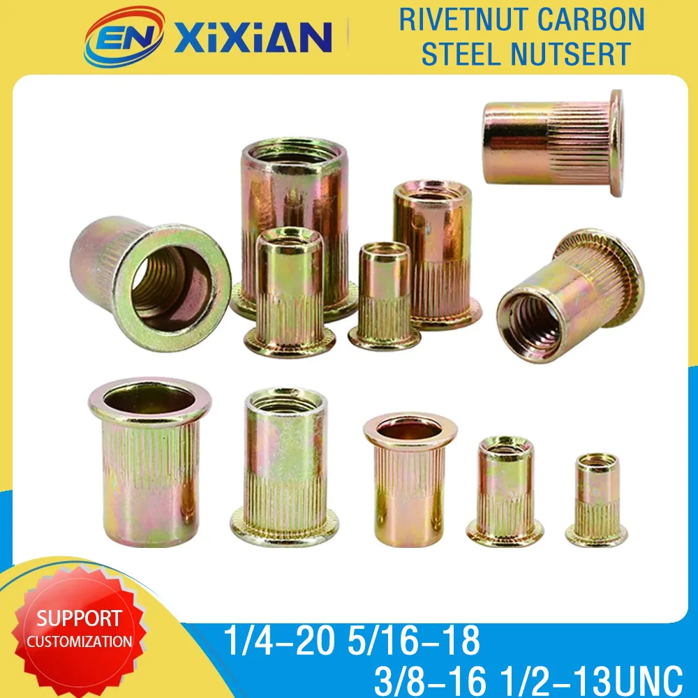 Фланцевая вставка Заклепка гайка плоская головка резьбовой металлический зажим фиксатор Rivnut Rivetnut из углеродистой стали гайка 1/4-20 5/16-18 3/8-16 1/2-13UNC Фланцевая вставка Заклепка гайка плоская головка резьбовой металлический зажим фиксатор Rivnut Rivetnut из углеродистой стали гайка 1/4-20 5/16-18 3/8-16 1/2-13UNC