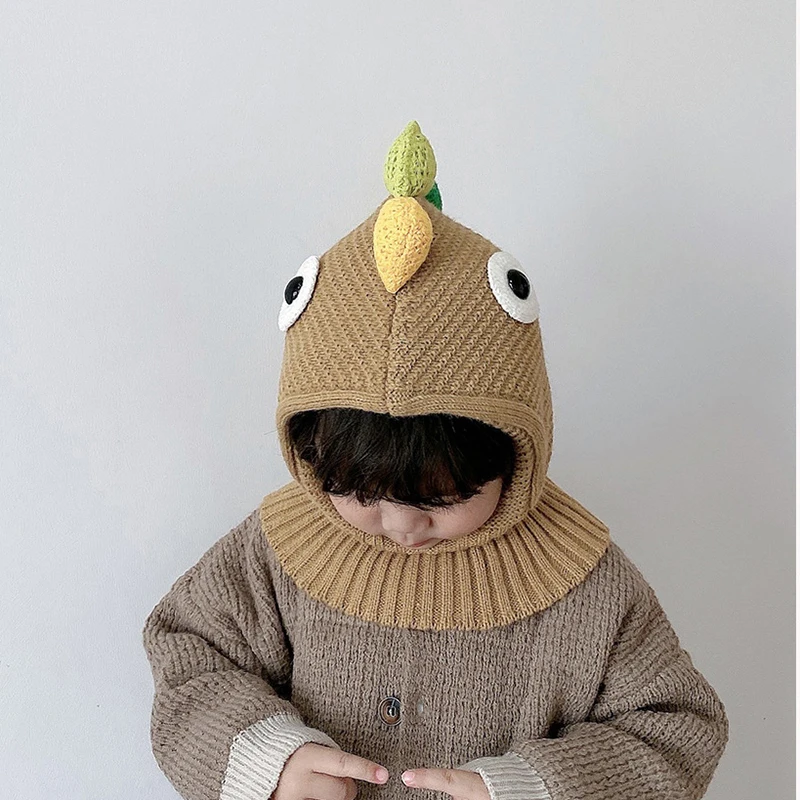 MILANCEL New Winter Children\'s Dinosaur Knitted Hat Kids Cute Hat with Scarf Boys Warm Cap