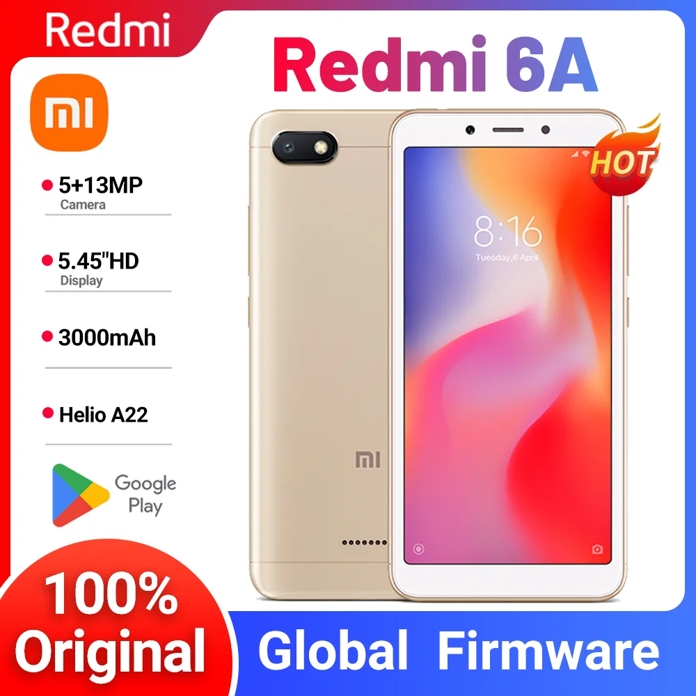 Xiaomi Redmi 6A Smartphone 5.45'' Full Screen AI Face Helio A22 Processor Golbal ROM 3000mAh google play